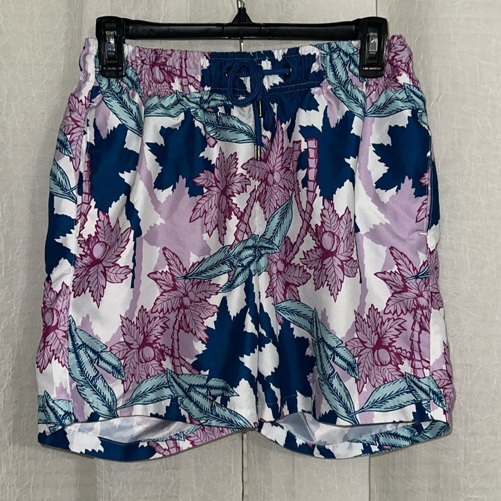 Ike Behar S White Navy Light Blue Pink Tidal Palm Tropical Swim Trunks